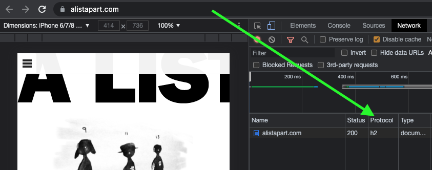 Herramientas para desarrolladores de Chrome, pestaña Red con documento filtrado, columna Protocolo